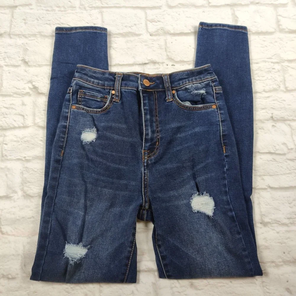 Forever 21 womens jeans high rise distressed rip skinny jeans blue denim sz 24 - Picture 4 of 7